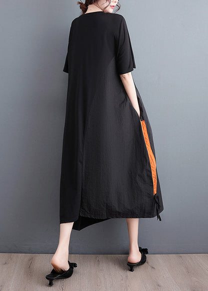 Black Embroideried Drawstring Long Dress Short Sleeve