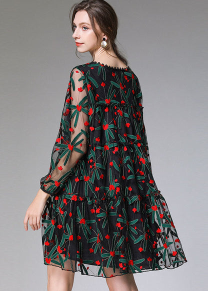 Black Embroideried Tulle Lace a Line Dress Long Sleeve