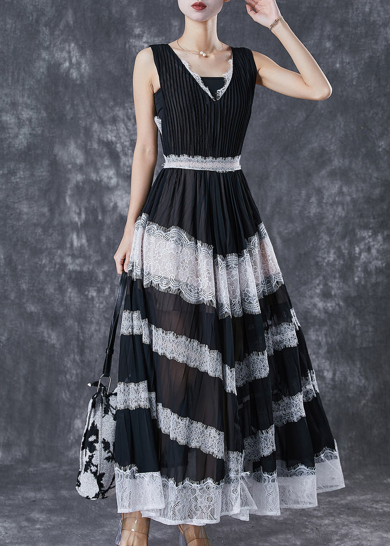 Black Exra Large Hem Patchwork Lace Linen Silk Pleated Dresses Sleeveless
