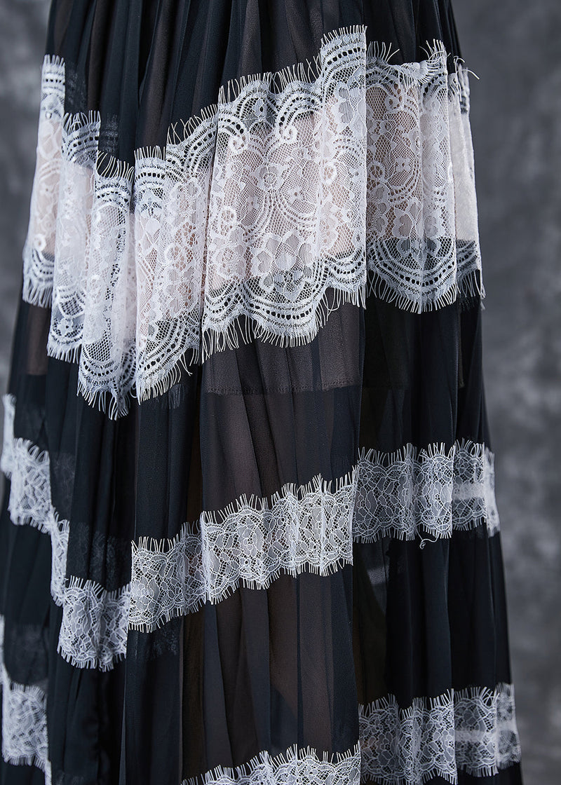 Black Exra Large Hem Patchwork Lace Linen Silk Pleated Dresses Sleeveless