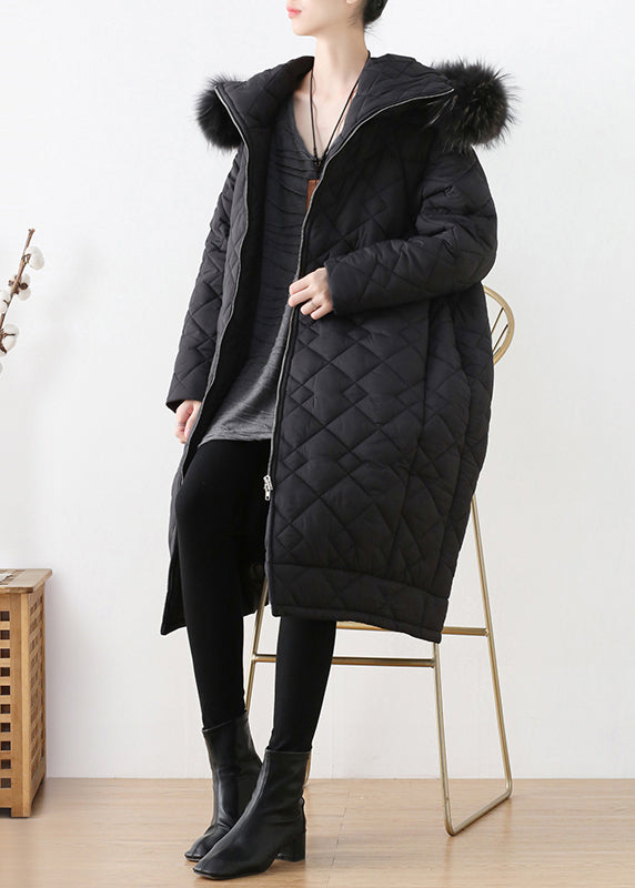 Black Fur Collar Zippered Thick Hooded Parka Winter