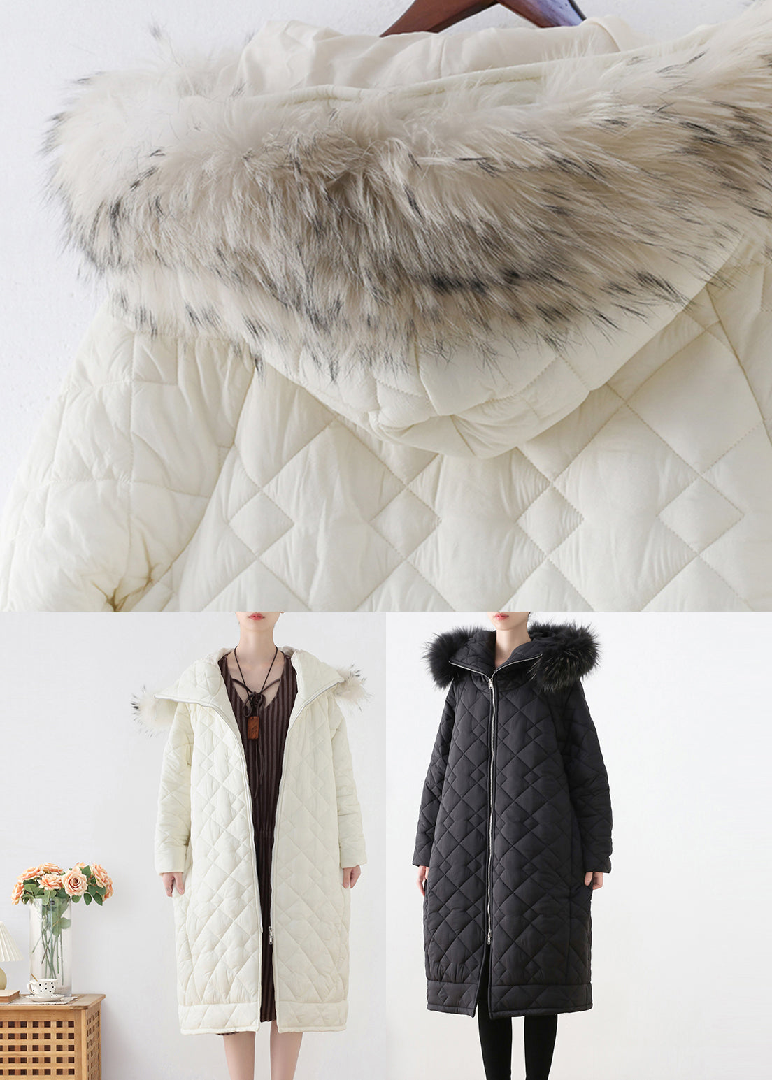 Black Fur Collar Zippered Thick Hooded Parka Winter