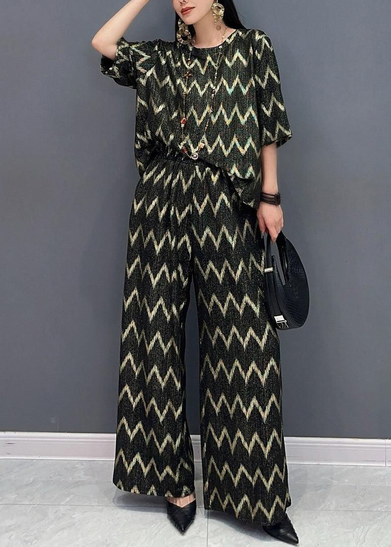 Black Gold O-neck Print and Wide Leg Pants T Shirt Two Pieces Set Short Sleeve