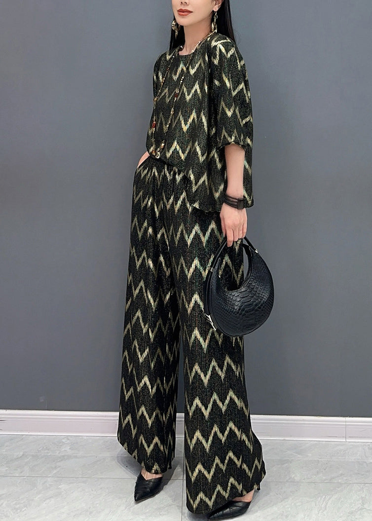 Black Gold O-neck Print and Wide Leg Pants T Shirt Two Pieces Set Short Sleeve