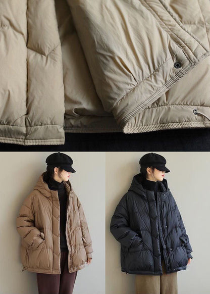 Black Hooded Drawstring Duck Down Puffer Jacket Winter