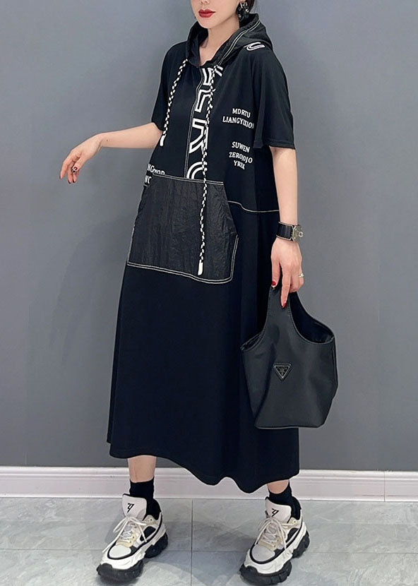 Black Hooded Letter Pockets Patchwork Cotton Dress Summer