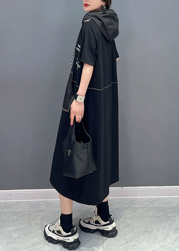 Black Hooded Letter Pockets Patchwork Cotton Dress Summer