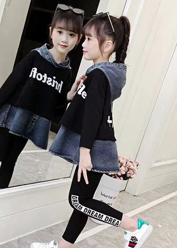 Black Hooded Patchwork Denim Baby Top Fall