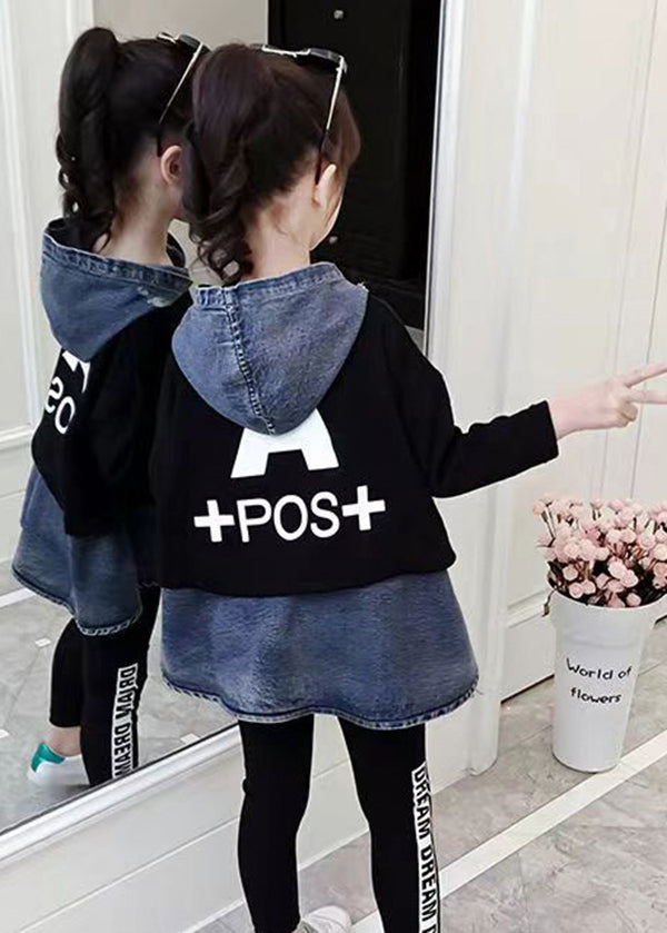 Black Hooded Patchwork Denim Baby Top Fall