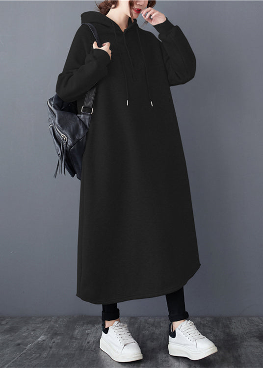 Black Hooded Patchwork Warm Fleece Long Dresses Winter