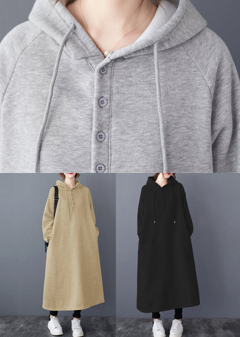 Black Hooded Patchwork Warm Fleece Long Dresses Winter