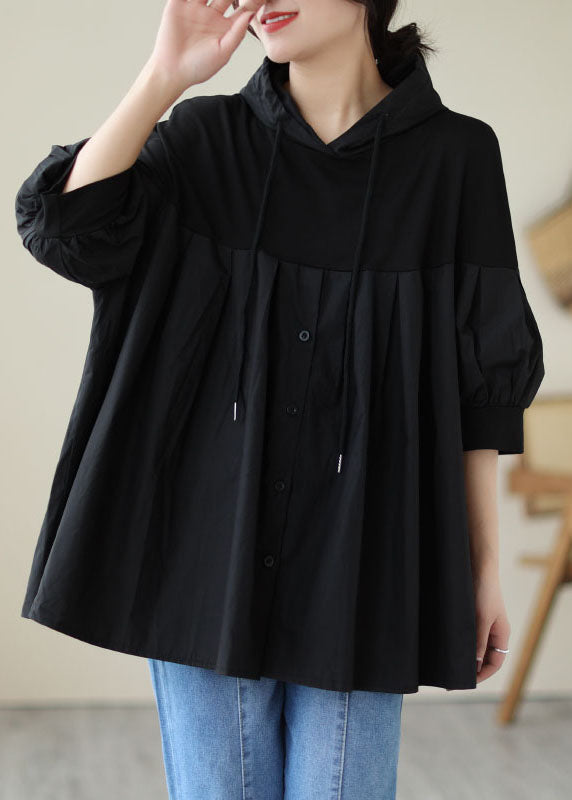Black Hooded Wrinkled Patchwork Cotton T Shirt Top Summer