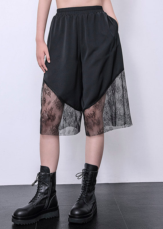 Black Lace Patchwork Chiffon Crop Wide Leg Pants Summer