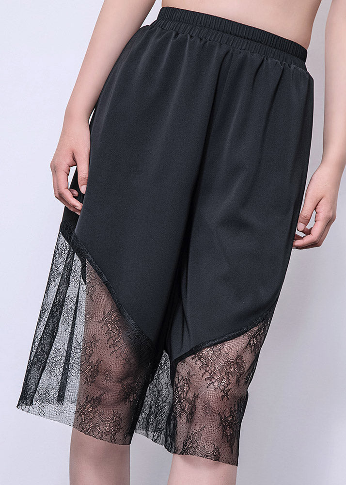 Black Lace Patchwork Chiffon Crop Wide Leg Pants Summer