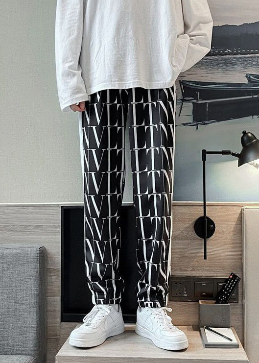 Black Letter Elastic Waist Crop Pants Summer