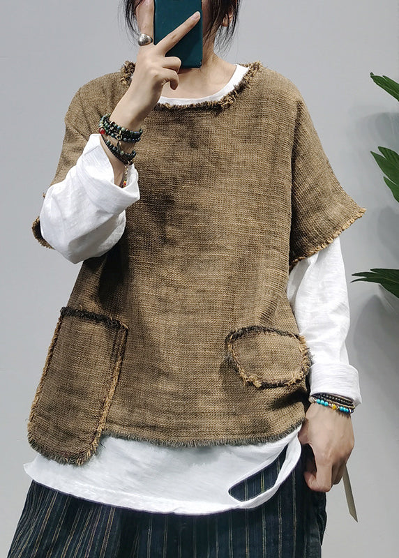 Black O-neck Asymmetrical Pocket Linen Tank Tops Short Sleeve