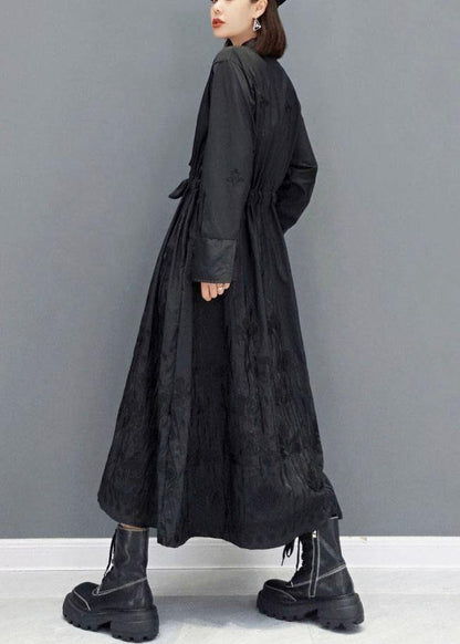 Black O-neck Button Maxi Dresses Fall Long Sleeve
