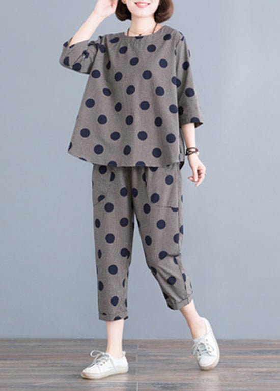 Black O-neck Button Plaid Dot Cotton Top Elastic Waist Pants Two Pieces Set Half Sleeve
