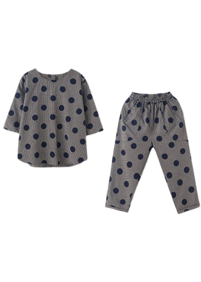 Black O-neck Button Plaid Dot Cotton Top Elastic Waist Pants Two Pieces Set Half Sleeve