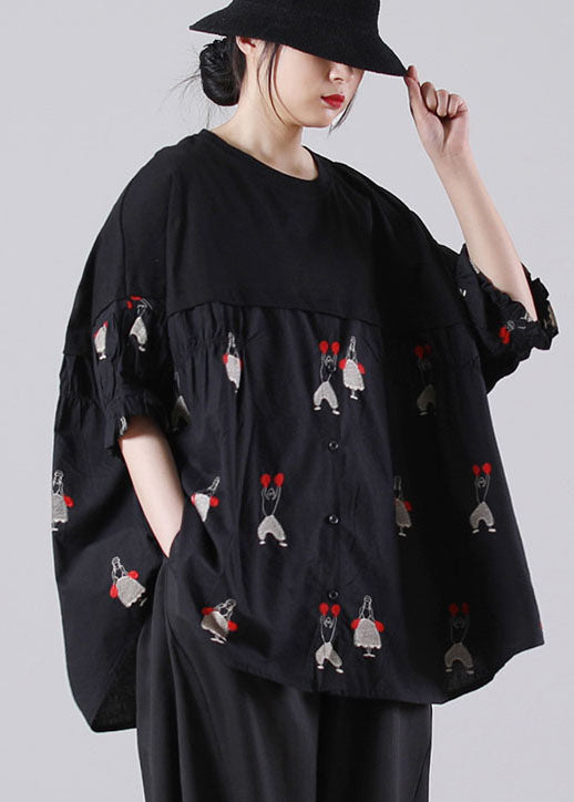 Black O-neck Embroideried Patchwork Cotton Shirts Short Sleeve