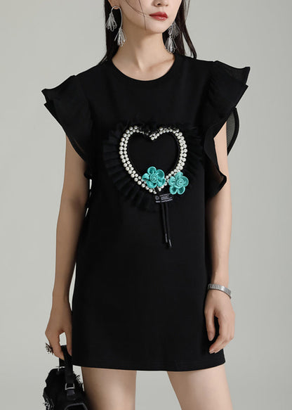 Black O Neck Nail Bead Cotton Short Dresses Butterfly Sleeve