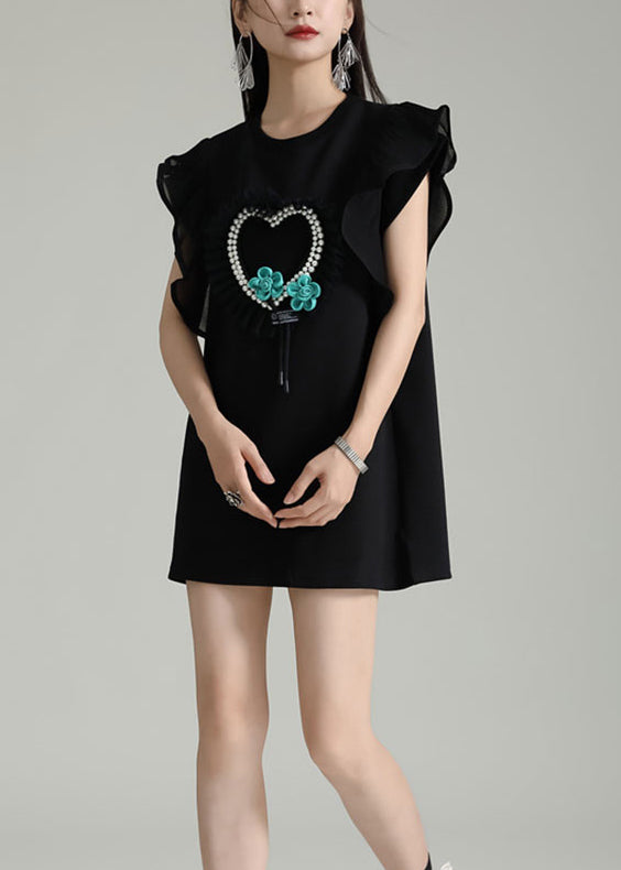 Black O Neck Nail Bead Cotton Short Dresses Butterfly Sleeve