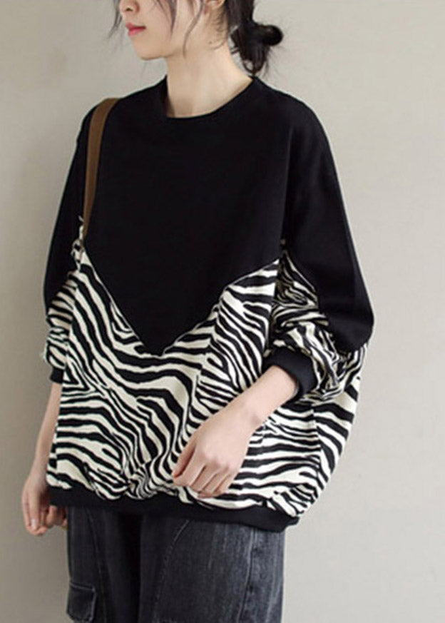 Black O-neck Patchwork Pullover Sweatshirt Long Sleeve