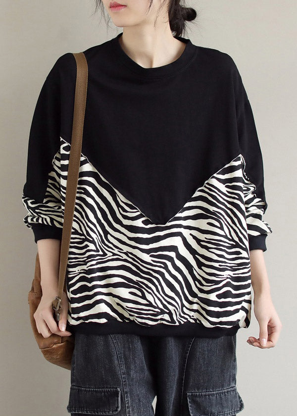 Black O-neck Patchwork Pullover Sweatshirt Long Sleeve
