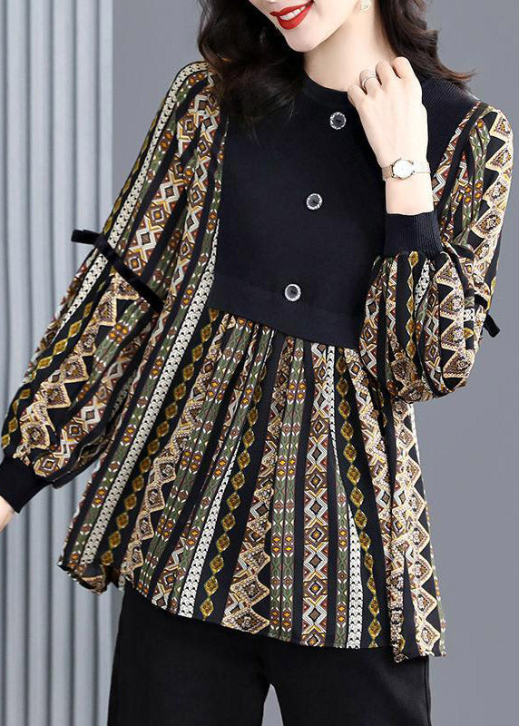 Black O-neck Patchwork Striped Print Shirt Tops Long Sleeve