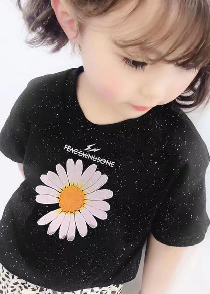 Black O Neck Print Cotton T Shirt Summer