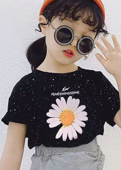 Black O Neck Print Cotton T Shirt Summer