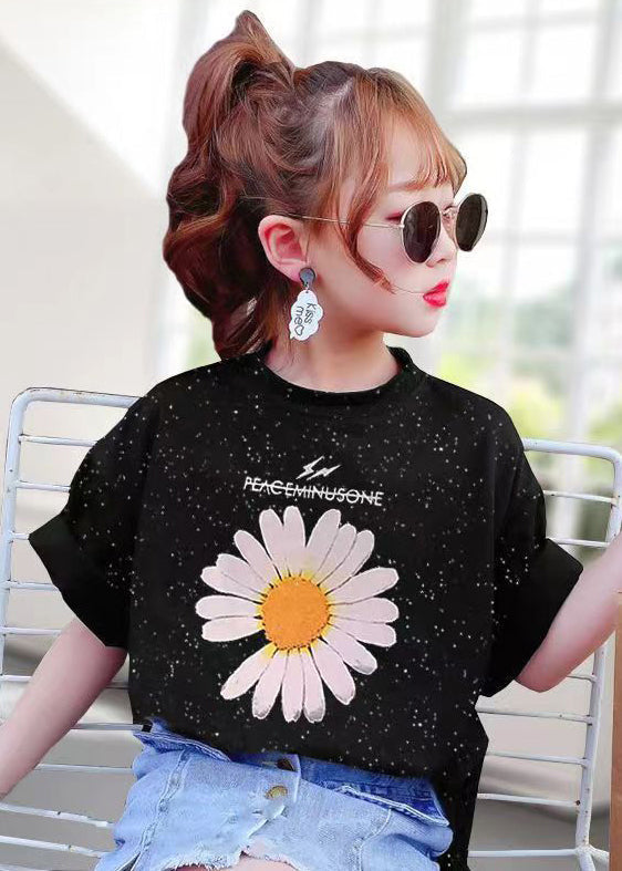 Black O Neck Print Cotton T Shirt Summer