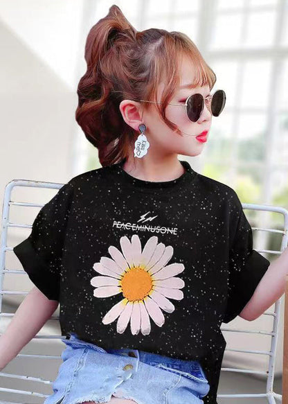 Black O Neck Print Cotton T Shirt Summer