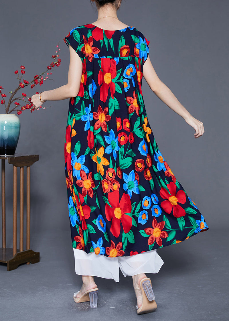 Black O-neck Print Cotton Maxi Dress Summer