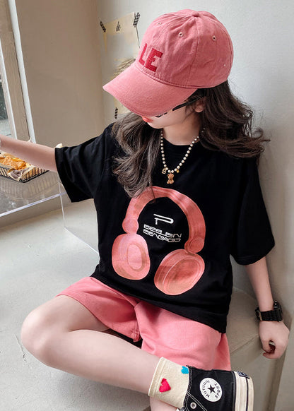 Black O-neck Print Kids Top and Shorts Two Pieces Set Summer