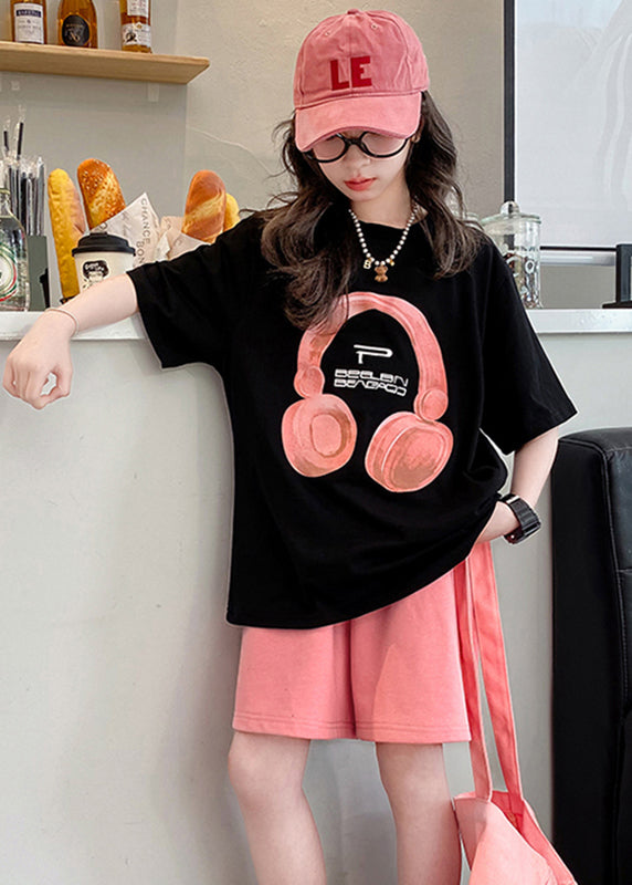 Black O-neck Print Kids Top and Shorts Two Pieces Set Summer