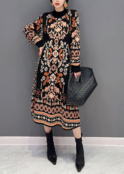 Black O-neck Print Knit Long Dress Winter
