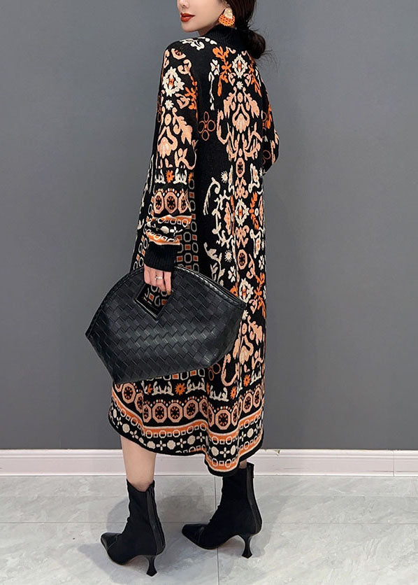Black O-neck Print Knit Long Dress Winter