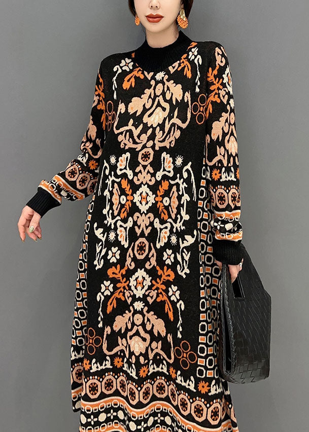 Black O-neck Print Knit Long Dress Winter
