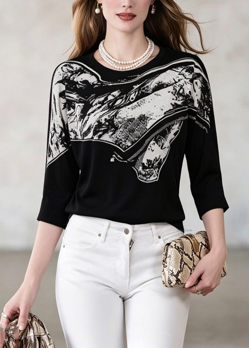 Black O-neck Print Knit Tops Three Quarter Sleeve