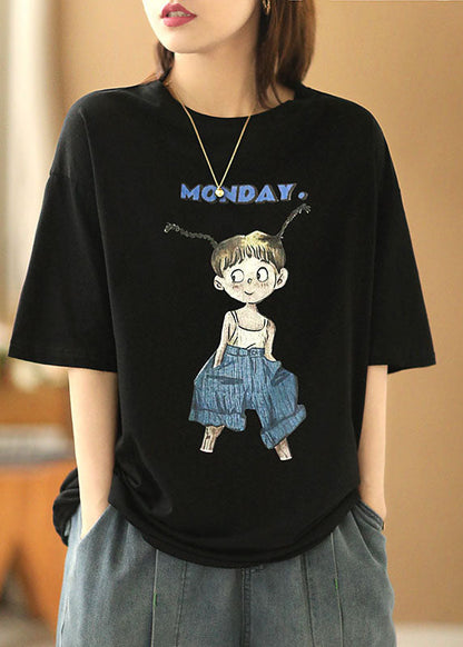 Black O-neck Print Oversized Cotton Tanks Short Sleeve