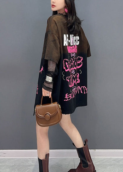 Black O Neck Print Patchwork Cotton T Shirt Top Summer