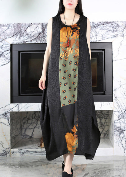 Black O-neck Print Side Open Silk Maxi Dress Summer