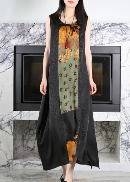 Black O-neck Print Side Open Silk Maxi Dress Summer