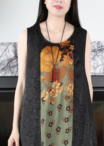 Black O-neck Print Side Open Silk Maxi Dress Summer