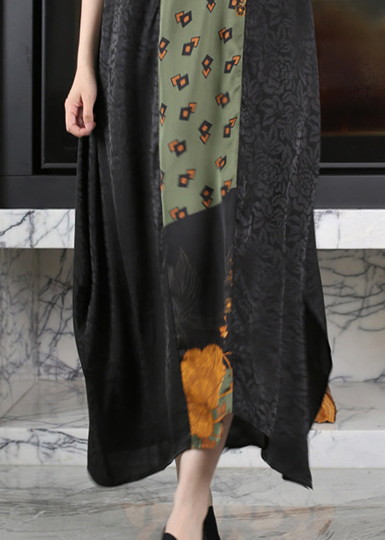 Black O-neck Print Side Open Silk Maxi Dress Summer