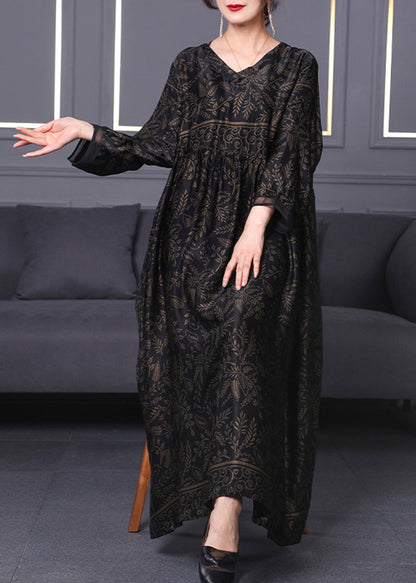 Black O-neck Print Silk Maxi Dress Long Sleeve