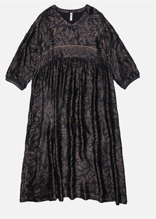 Black O-neck Print Silk Maxi Dress Long Sleeve