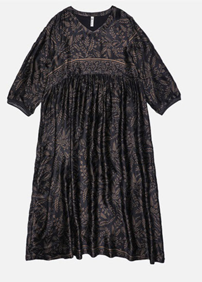 Black O-neck Print Silk Maxi Dress Long Sleeve