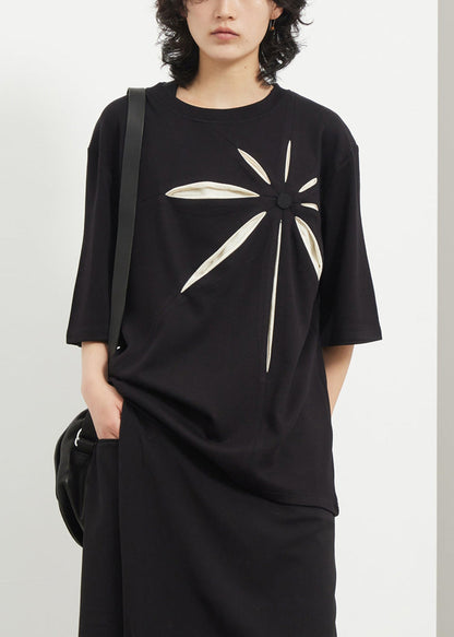 Black O-neck Print T Shirt Summer